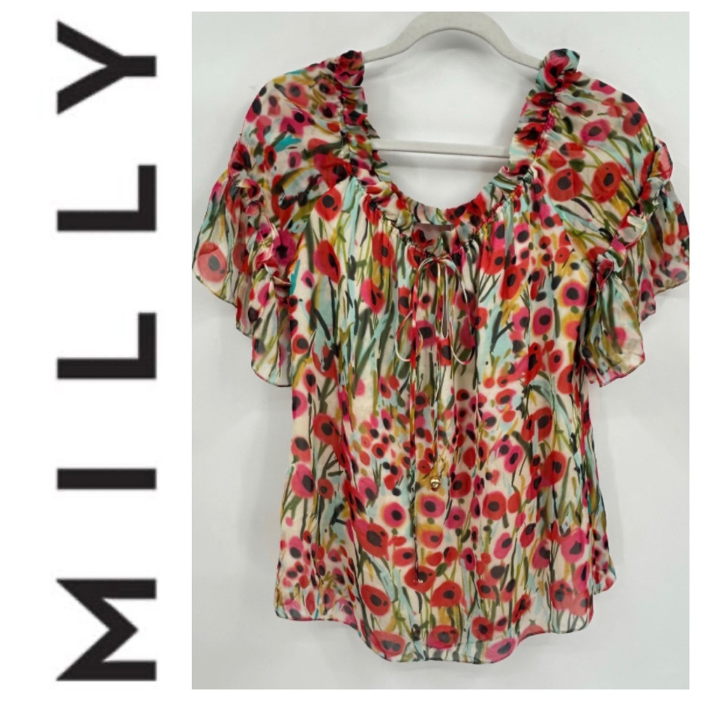 MILLY Floral Print Ruffle Off The Shoulder Boho Blouse Top Size‎ 4
